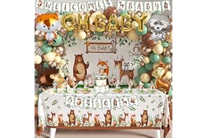 BORAMDO Woodland Animals Baby Shower Decoration Pack Forest Animal Neutral Gender Reveal Party Supplies Woodland Themed Birthday Party Ideas Set 106 Pcs Backdrop, Tablecloth, Cake Toppers, Balloons (Woodland
