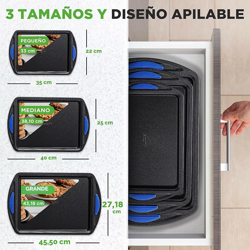 bandejas horno, Set de 3, Mangos de silicona, Apilables, Acero al carbono resistente, Antiadherente — foto 3 de 8
