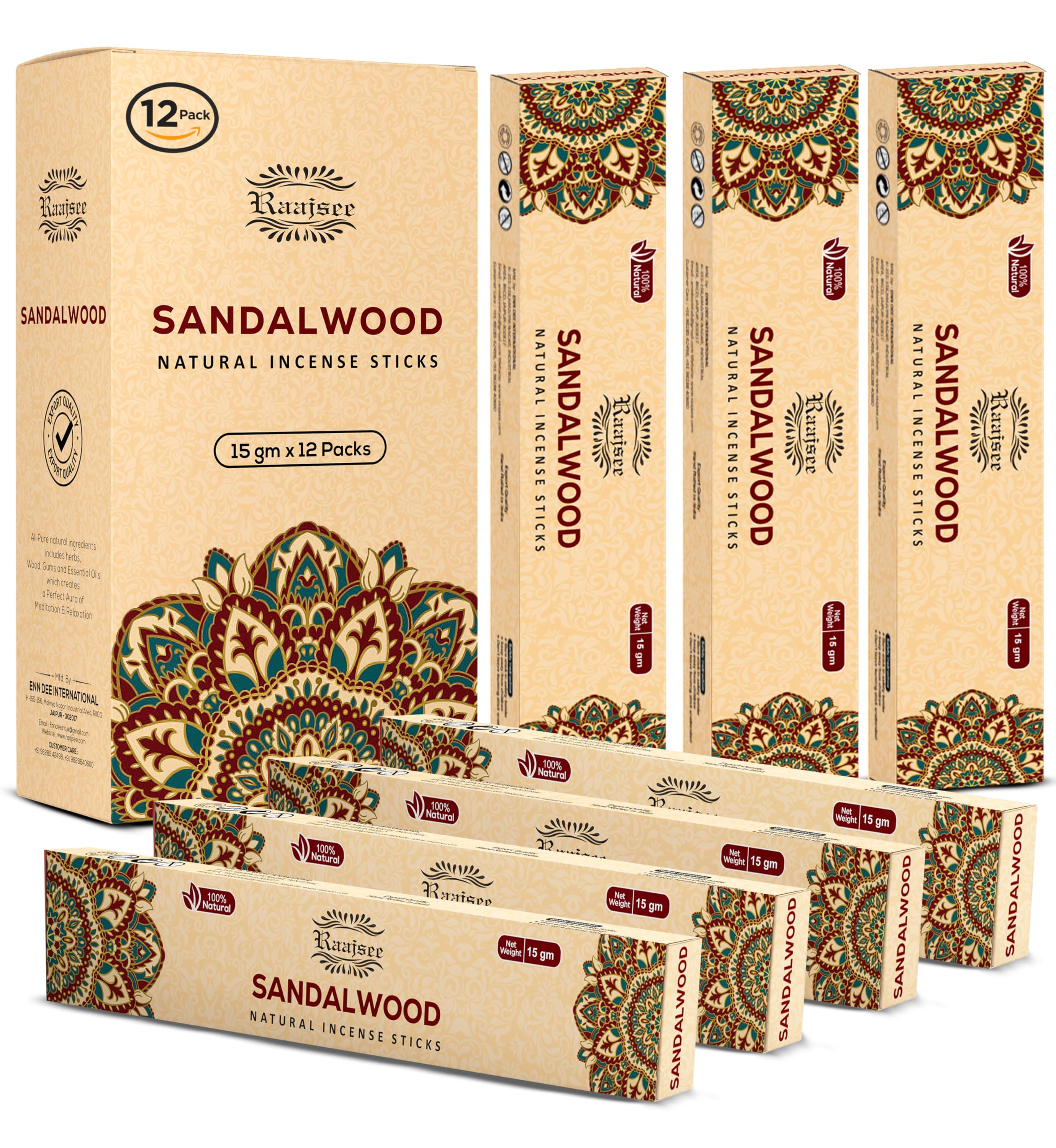 Raajsee Sandalwood Incense Sticks 12 Pack Set 15gm Each, -100% Organic Hand Rolled- Perfect for Church,Aromatherapy,Relaxation Meditation