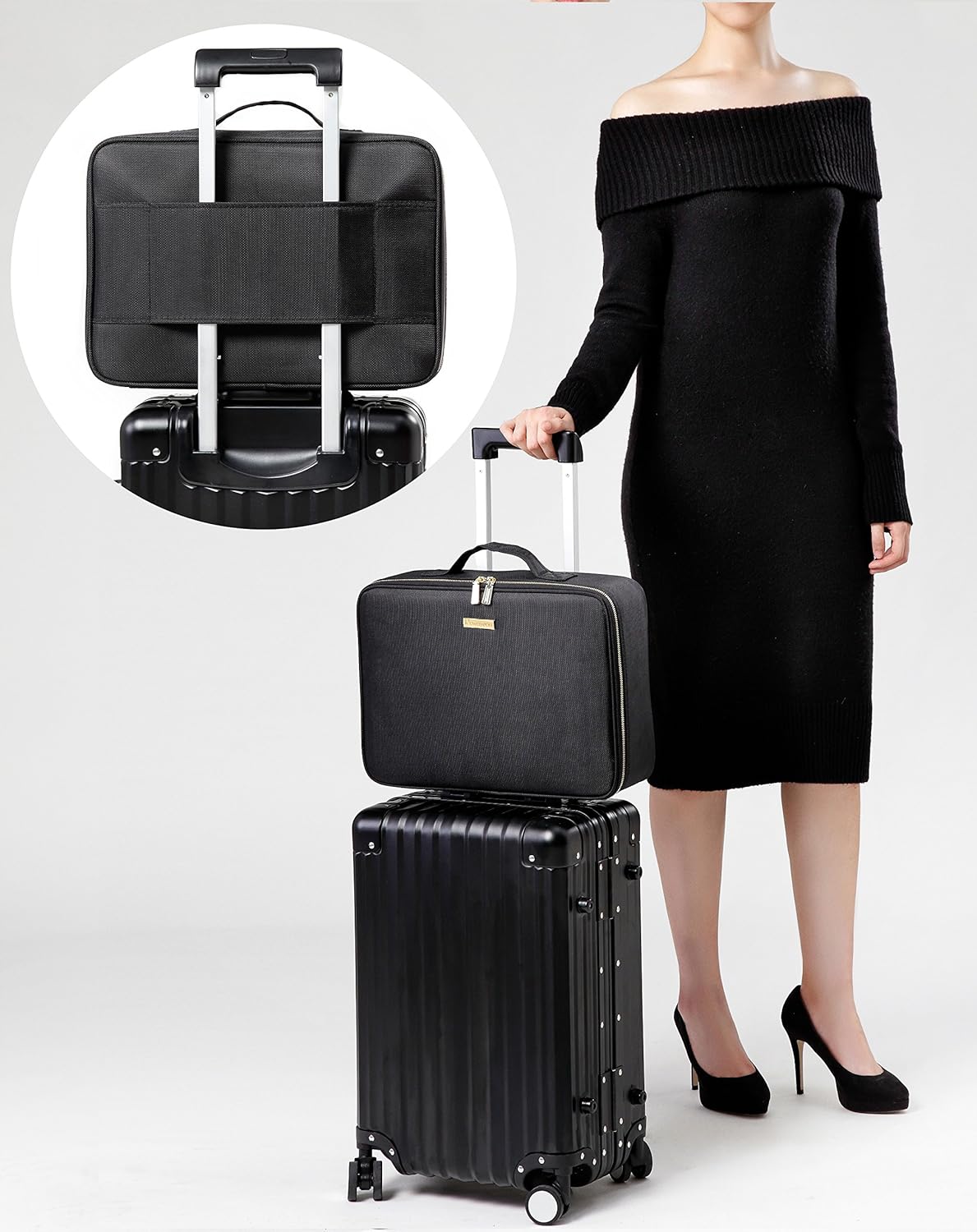 ROWNYEON Travel Makeup Bag Cosmetic Makeup Train Case Artist Makeup Organizer Professional Portable Storage Bag for Women Girl Waterproof EVA Adjustable Dividers 16.1" Large Black : Beauty