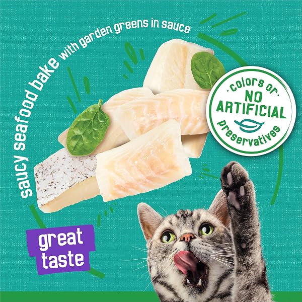 PURINA FRISKIES INDOOR CAT FOOD MEATY BITS SAUCY SEAFOOD BAKE WITH GARDEN GREENS IN SAUCE – (PACK OF 24) 5.5 OZ. CANS