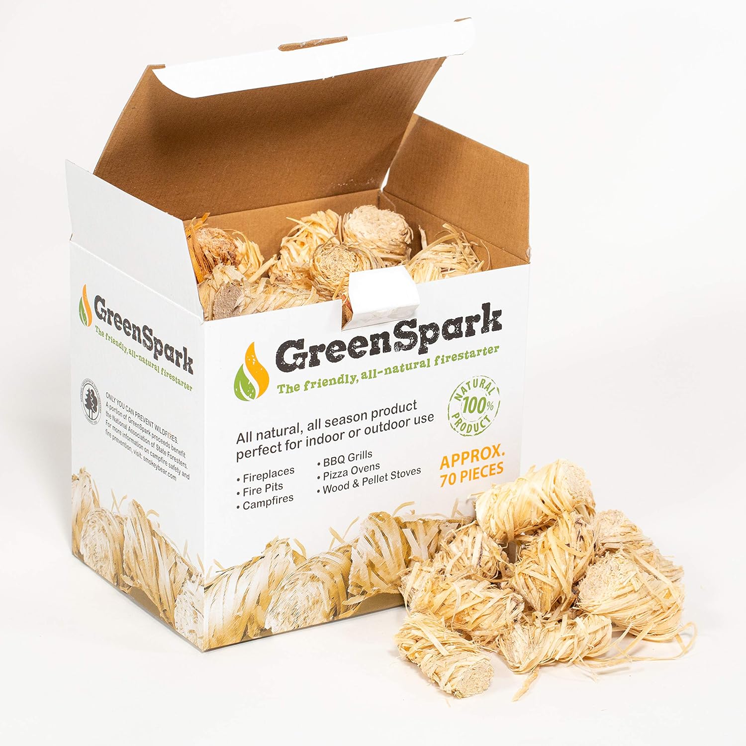 GreenSpark – Friendly Fire Starter Bundles, 70 Count, 100% All-Natural, 8-10 Min. Burn, Fireplace, Campfire, Fire Pit, BBQ Grill, Wood & Pellet Stove, Indoor/Outdoor, All-Weather, Super Fast Lighting: Home & Kitchen