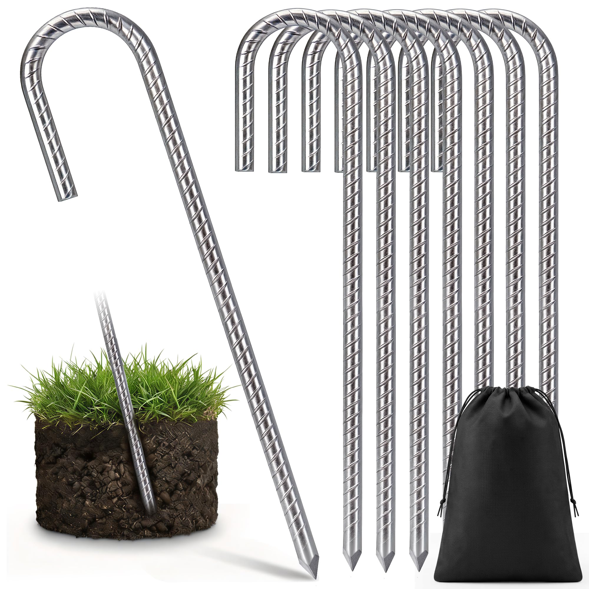 8 Pcs Tent Pegs Metal Heavy Duty with Bag Storage, WEWINK PLUS 12 Inch 8mm Thick Galvanized Tent Pegs, Steel Ground Pegs J-Shape Rebar Stakes Tent Peg for Camping, Trampoline, Gazebos, Bouncy, Garden