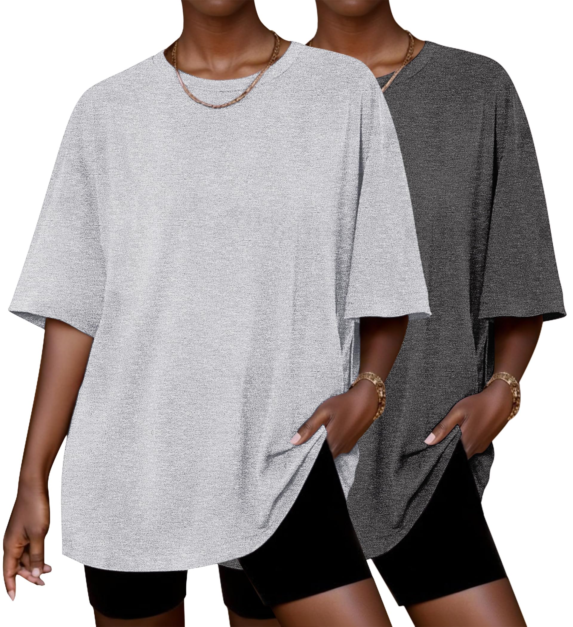 Photo 1 of Ekouaer 2 Pack Womens Pajama Tops Short Sleeve Oversized T Shirts Summer Spring Tops 2025 Basic Casual Tee Top Charcoal Grey/Light Grey XXL