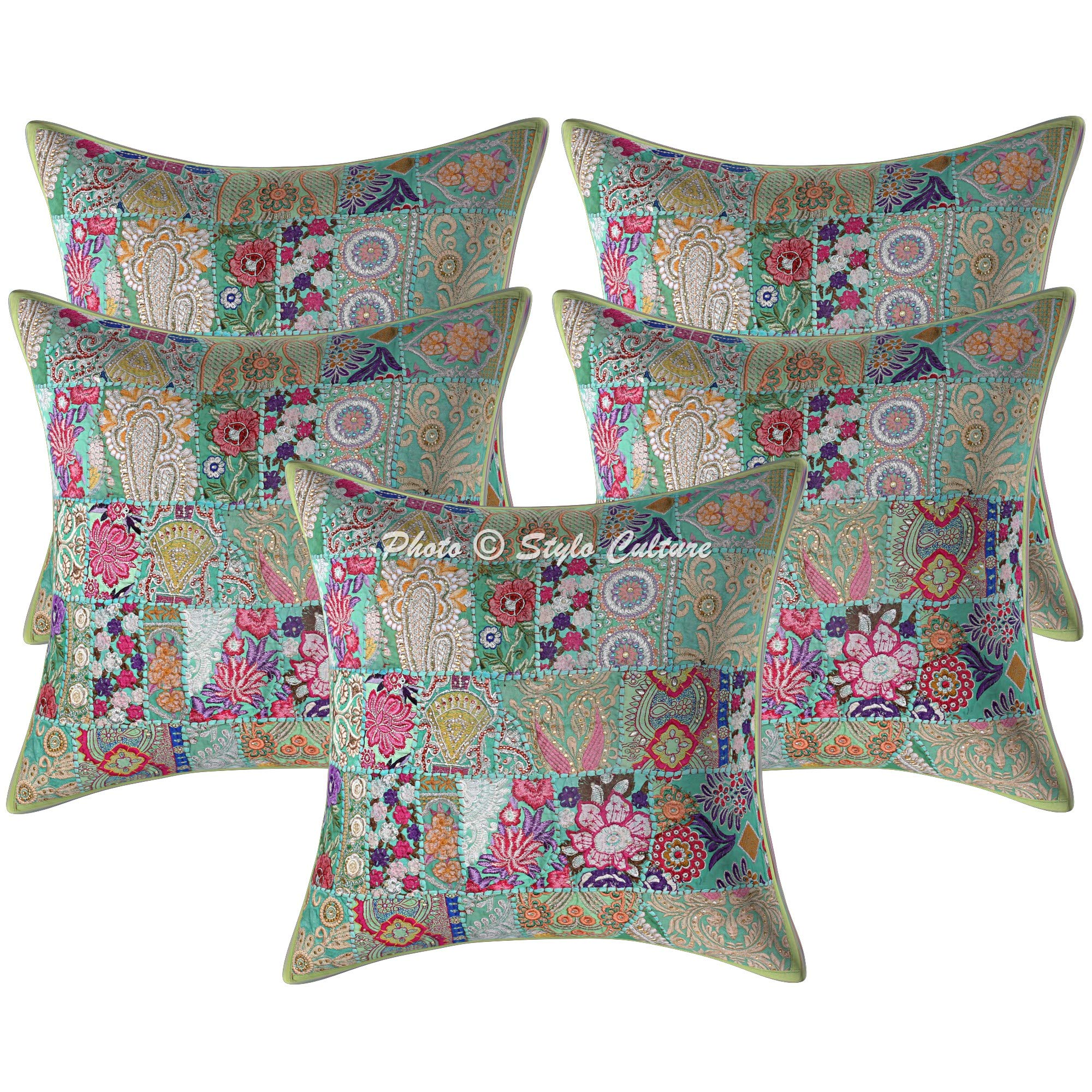 Stylo Culture Ethnic Cotton Vintage Fabric Patchwork Boho Cushion Covers 24 x 24 Inch Large Parrot Green Abstract 60 x 60 cm Embroidered Square Decorative Floral Throw Pillow Covers - (Set Of 5 Pcs)