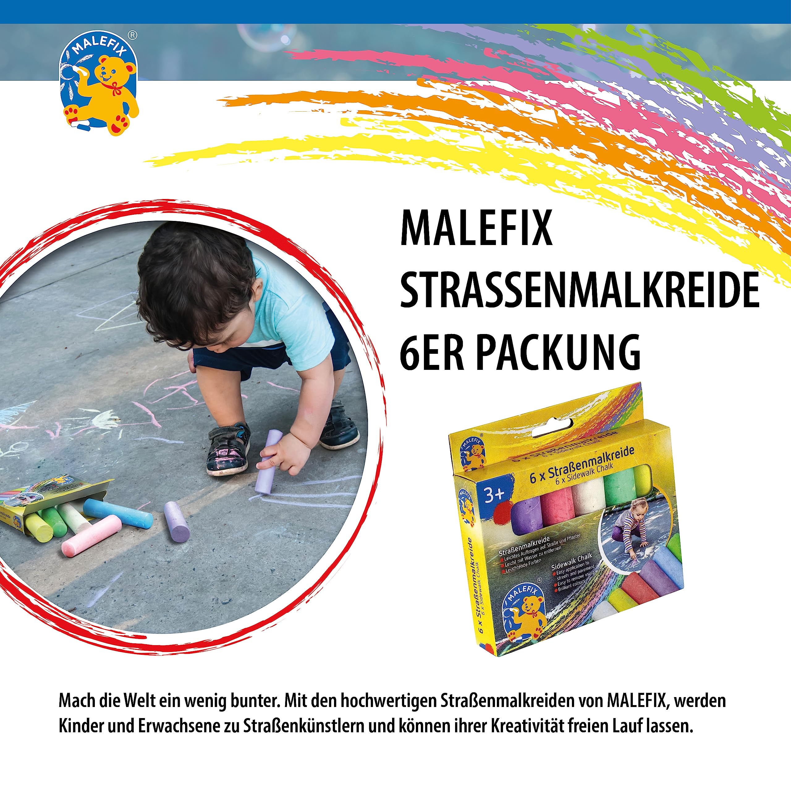 MALEFIX Straßenmalkreide 6er Packung I Malkreide für Kinder und Erwachsene I Vielfalt an Farben I Leuchtend und Kräftig I Wasserlösliche und hochwertige Kreide von Pustefix I für Straße u. Hof 3