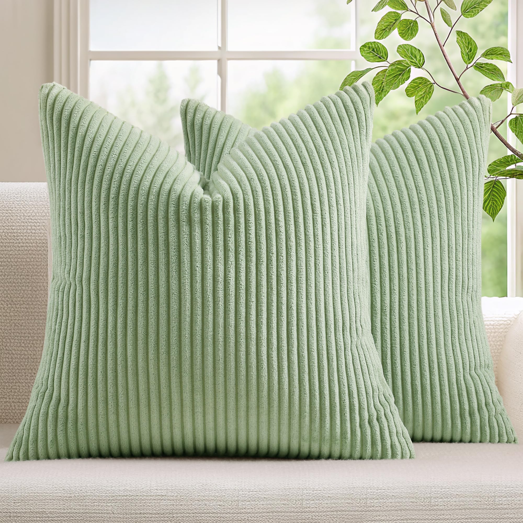 Photo 1 of Mecatny Corduroy Decorative Throw Pillow Covers 18x18 Set of 2 for Sofa Living Room, Soft Neutral Boho Couch Pillow Covers for Home Decor, Sage Green