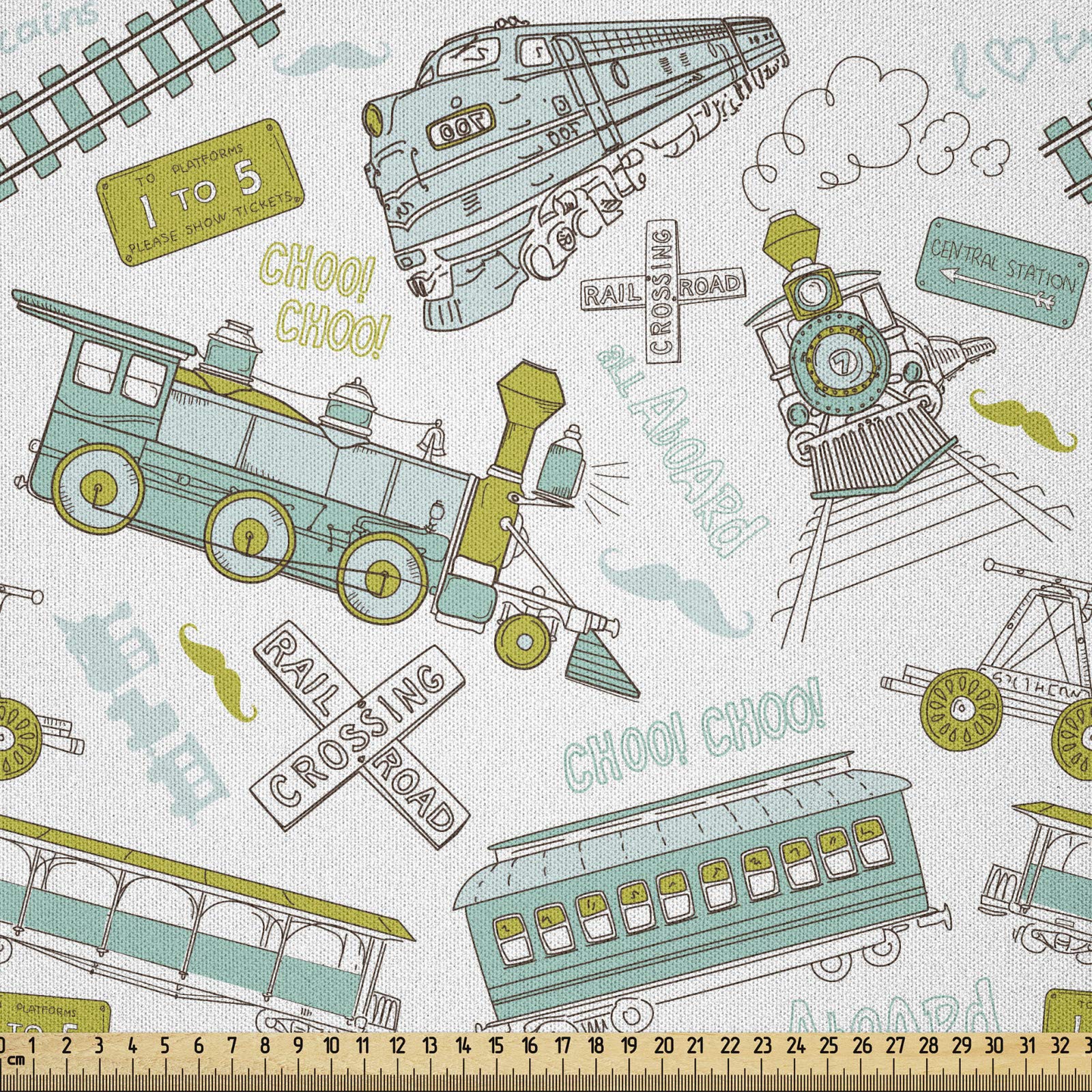 ABAKUHAUS Steam Engine Fabric by the Yard, Choo Choo Train Kids Boy Pattern Blue Green Number Plate Vintage, Microfiber Fabric for Arts and Crafts Textiles Decor, 1M (230x100cm), Apple Green Turquoise