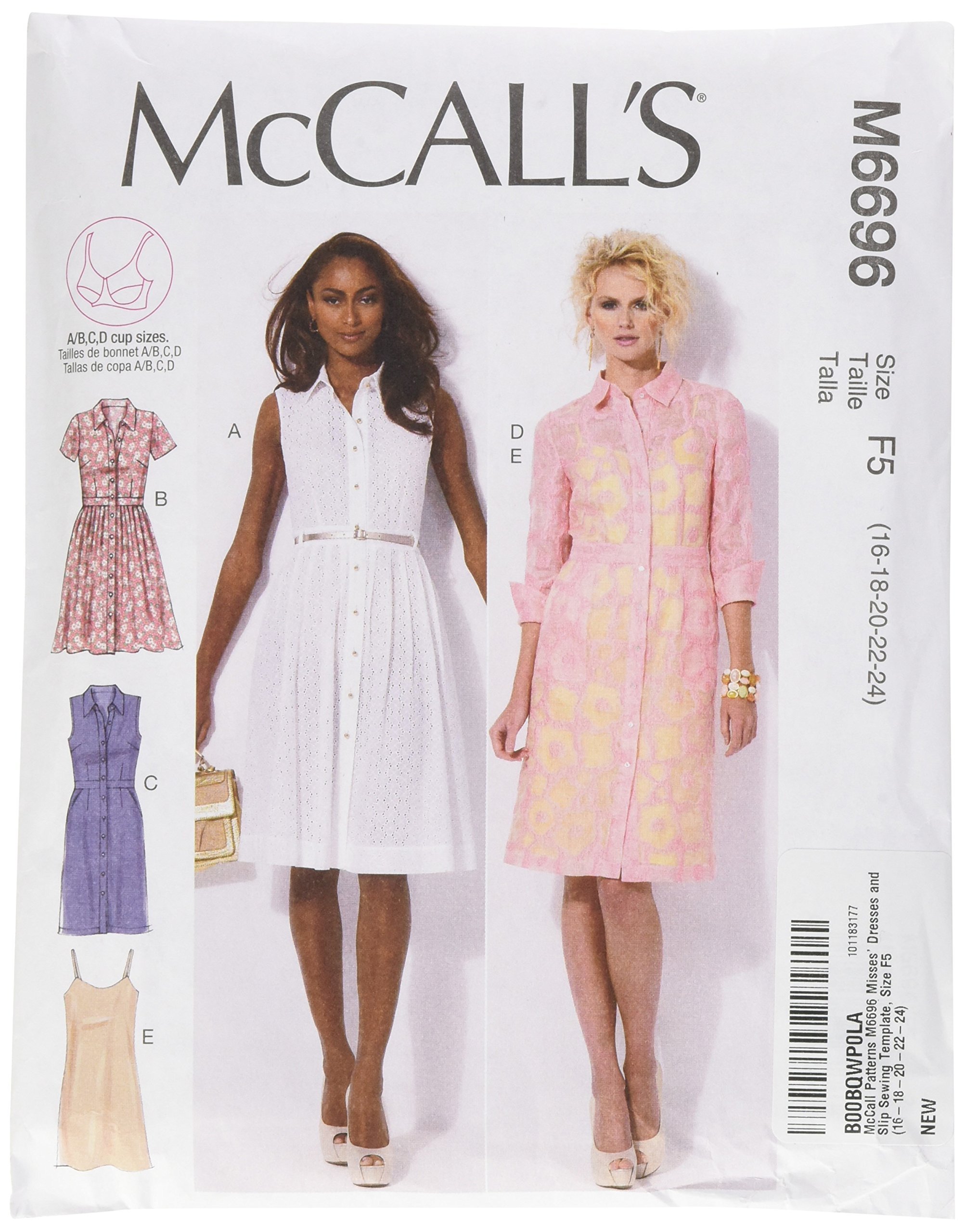 McCall's Patterns M6696 Size F5 16-18-20-22-24 Misses' Dresses and Slip, Pack of 1, White, Packaging may vary