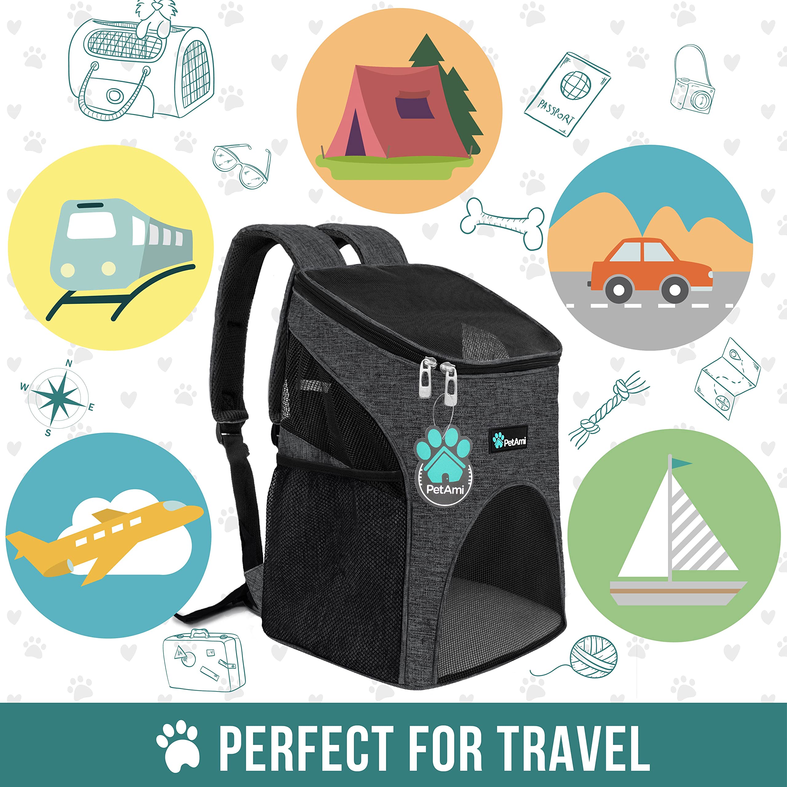 PetAmi Small Dogs and Cat Backpack Carrier, Airline Approved Pet Backpack Carrier, Ventilated, Safety Strap, Buckle Support Designed for Hiking Travel Camping Outdoor, Max 18 lbs (Gray)