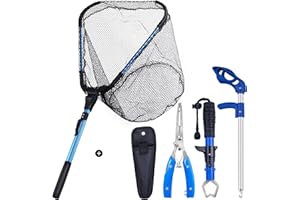 Bombrooster Fishing Tool Kit - 4PCS Landing Net, Pliers, Fish Gripper and Hook Remover - Kayak and Boat Fishing Gear for Freshwater or Saltwater