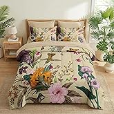 Nesker 7 Pcs Comforter Set Queen Size, Cute Botanical Birds Bedding Set for Kids and Adults, Vintage Flower Plant Sheets Bed Sheet Sets with Fitted Sheet 2 Pillowcases & 2 Shams