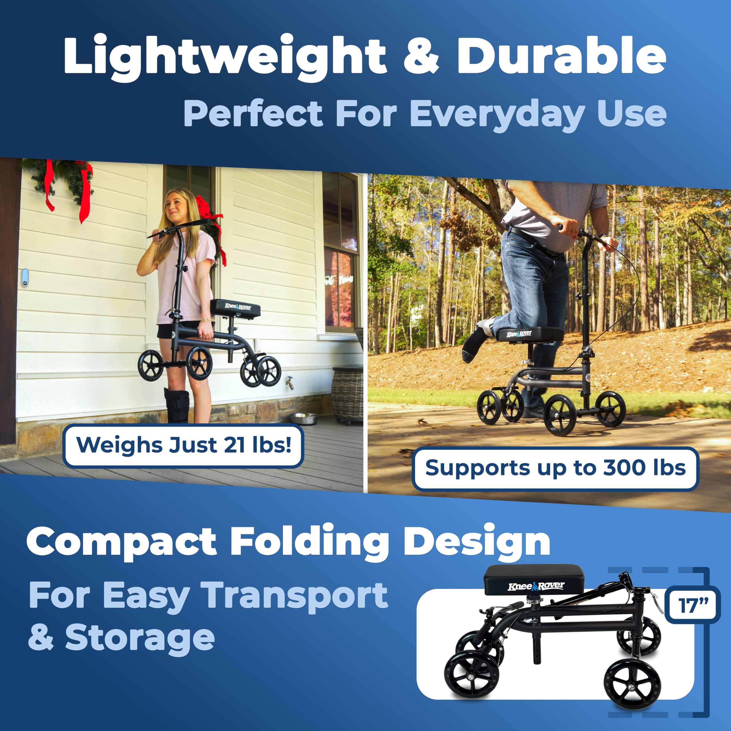 KneeRover Economy Knee Scooter Steerable Knee Walker for Adults for Foot Surgery, Broken Ankle, Foot Injuries - Foldable Knee Rover Scooter for Broken Foot Injured Leg Crutch (Black)