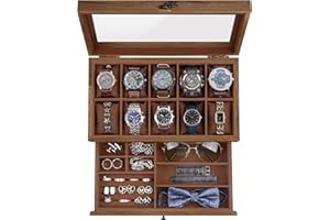 GALHUBIS Watch Box with 10 Slots, 2-Tier Watch Case for Large Dial Watches, Watch Display Case with Lid, Removable Watch Pillows, Gifts for Men Women, Watch Organizer with Drawer, Jewelry Box, Walnut