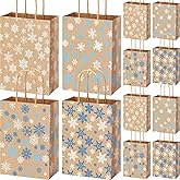 Yexiya 24 Pack Blue & White Snowflake Kraft Paper Gift Bags with Handles Winter Snowflake Candy Goodie Bags for Christmas Holiday Party Favor Supplies