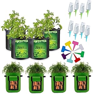 Grow Bags Potato Grow Bags 7 Gallon 8 Pack with Flap Handles Thickened Nonwoven Fabric Pots Tomato Planter Bags Plant 8 Watering Spikes Garden Container Vegetables Planter Pots Plant Waterer