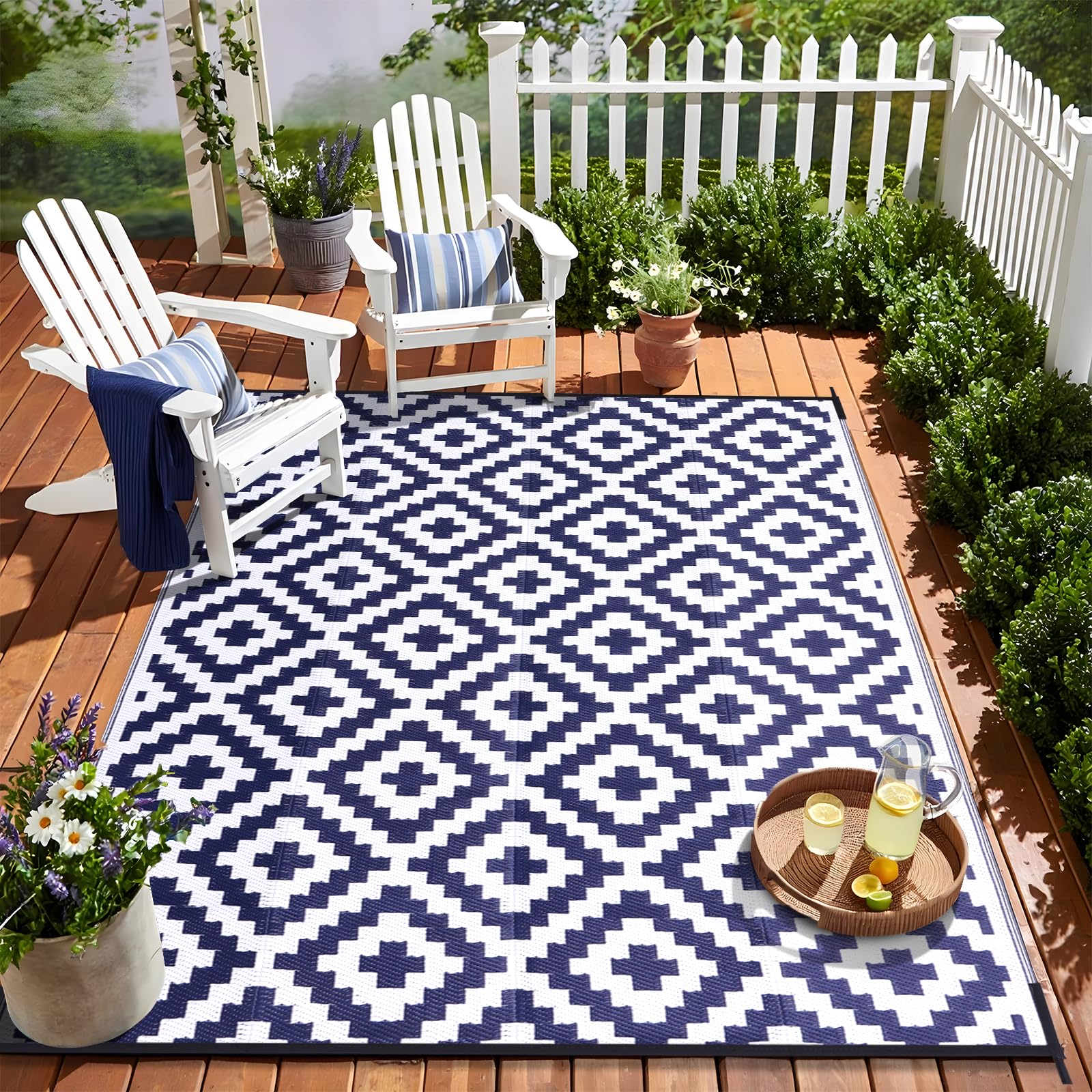Photo 1 of OLANLY Waterproof Outdoor Rug 6x9 ft, Outdoor Plastic Straw Rug for Camping, RV Mat Outside, Indoor Outdoor Carpet for Porch, Deck, Backyard, Balcony, Picnic, Navy & White