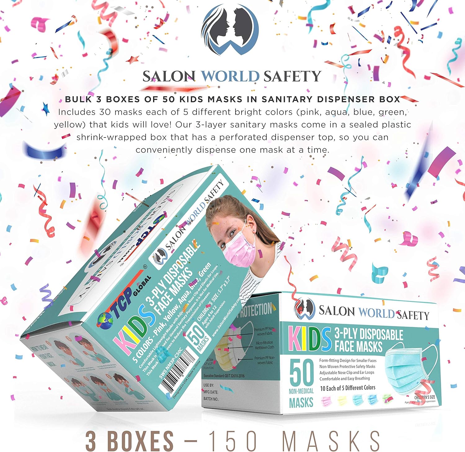 TCP Global Salon World Safety - Kids Face Masks 150 Pk 3-Ply Protective PPE (5 Colors, 30 Each) - - 