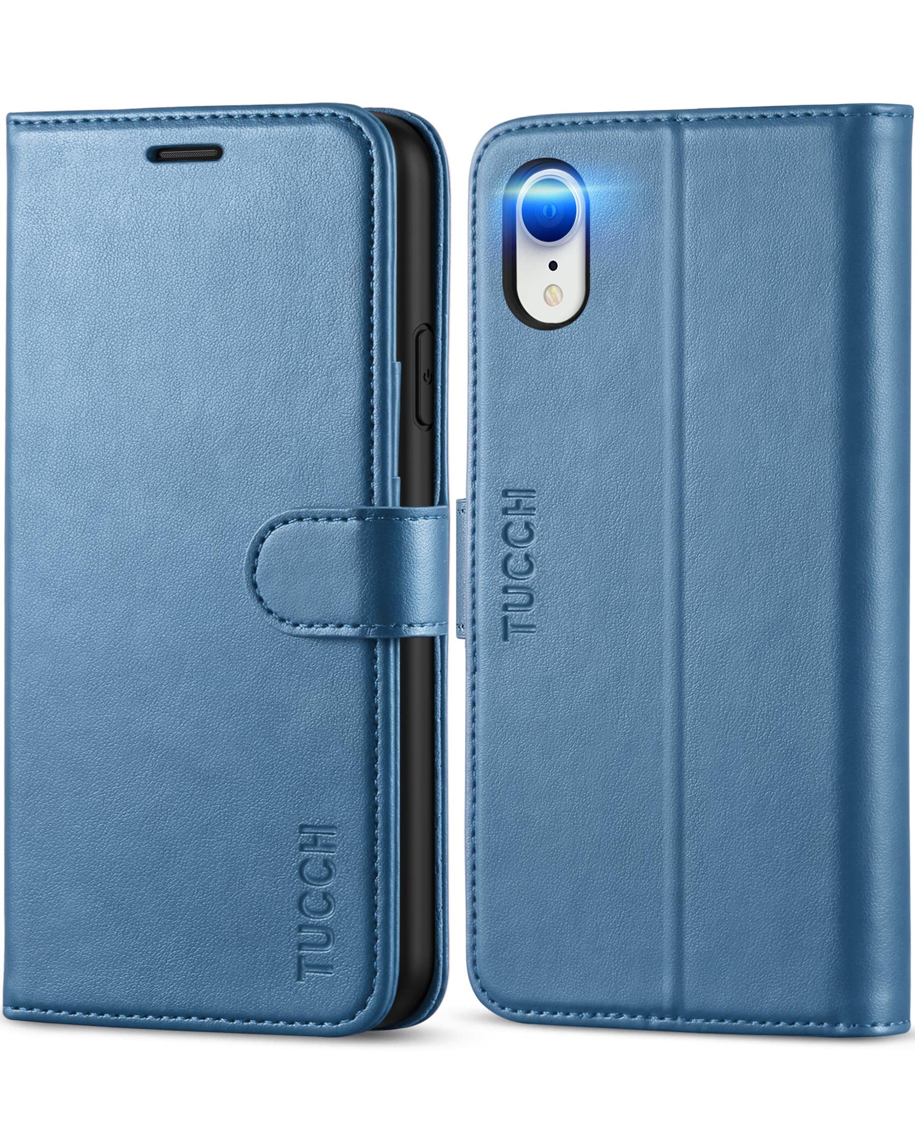 Photo 1 of TUCCH Wallet Case for iPhone XR, Kickstand PU Leather Wireless Charging Flip Cover [Shockproof TPU Shell] with RFID Blocking Credit Card Slots Compatible with iPhone XR 6.1, Lake Blue