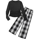 NAPU Girls Clothes 2 Piece Girls Outfits Crew Neck Solid Long Sleeve Tops Ruched Drawstring Shirt Plaid Pants Set 7-14 Years