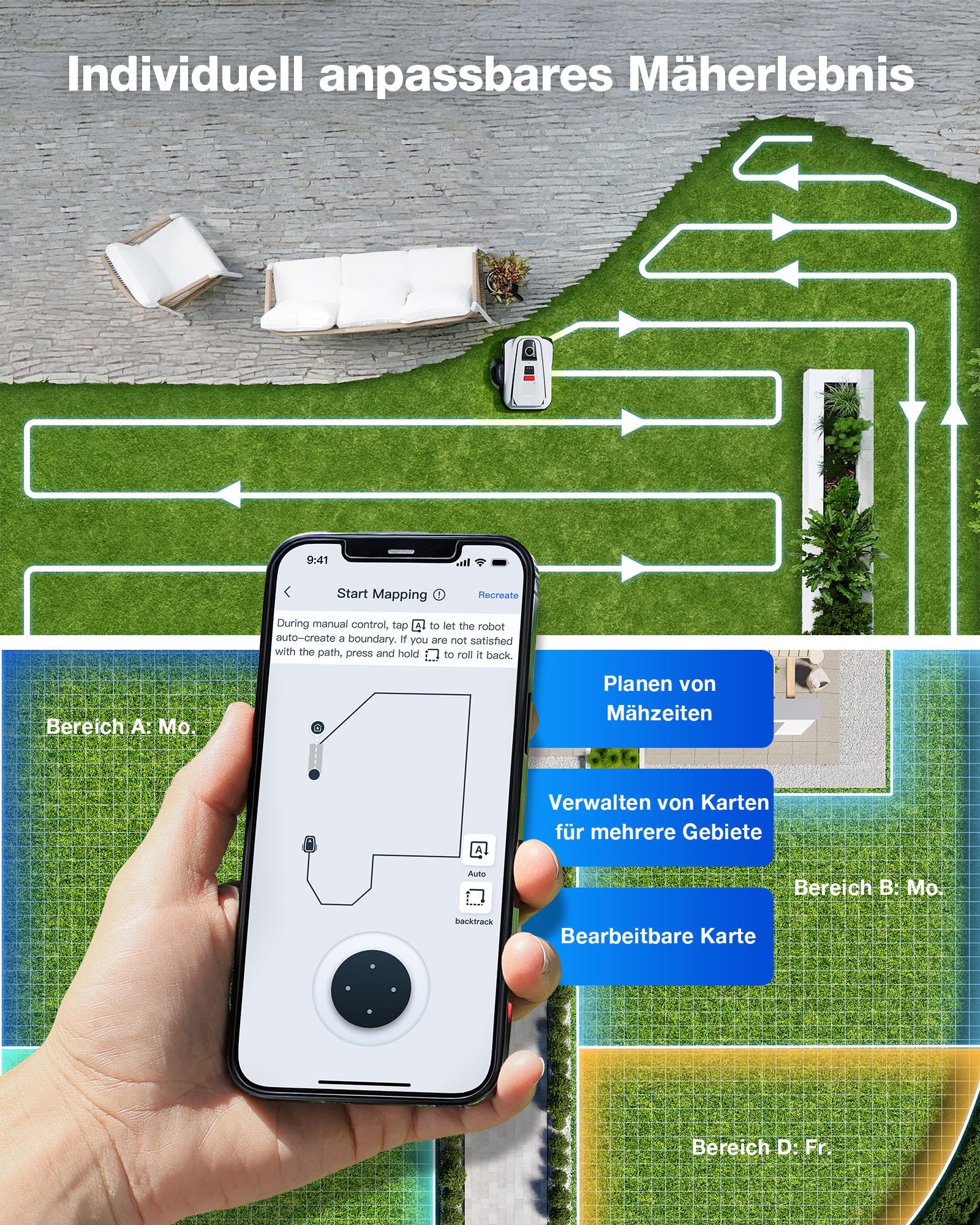 ECOVACS GOAT A1600 LiDAR PRO Care Kit Mähroboter ohne Begrenzungskabel, 1.600 m², 360° Dual-LiDAR-Navigation, automatische Kartierung, KI-3D-Hindernisvermeidung, superschnelles Laden, 50 % Steigung 9