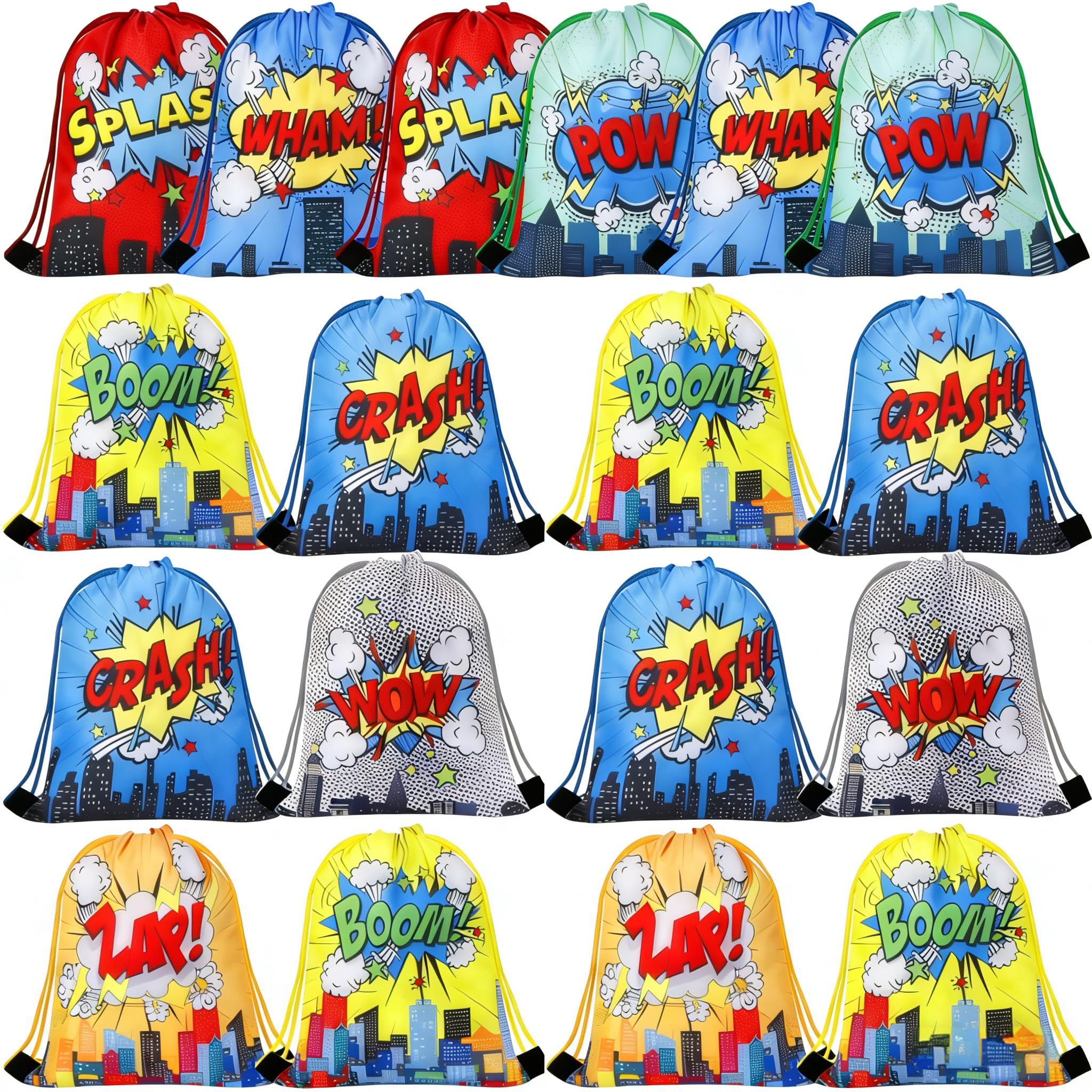 Clabby 12 Pcs Hero Party Favors Bags Comic Heroes Drawstring Bag Backpacks Goodie Candy Gift Bags Boom Hero Treat Bag
