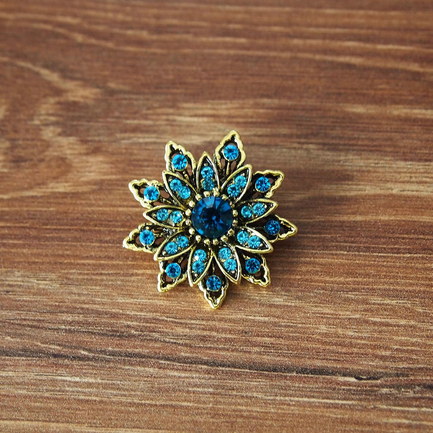 Seraphis Vintage Gold Flower Brooch for Women Dress Accessories Bouquet Wedding Rhinestone Brooches, Gold and Blue, 3.3cm x 3.3cm - Image 3