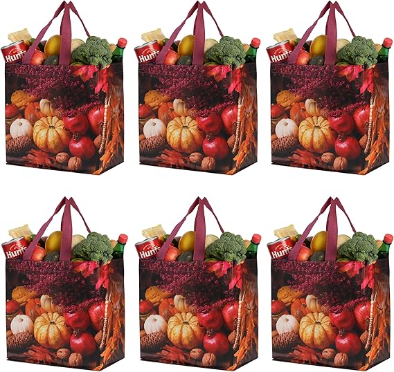 Amazon Earthwise 再利用可能な食料品買い物バッグ 非常に丈夫 多用途 大型 スタイリッシュ 楽しい折りたたみ式 防水 トートデザイン 秋 フルーツ 6個パック エコバッグ 買い物バッグ