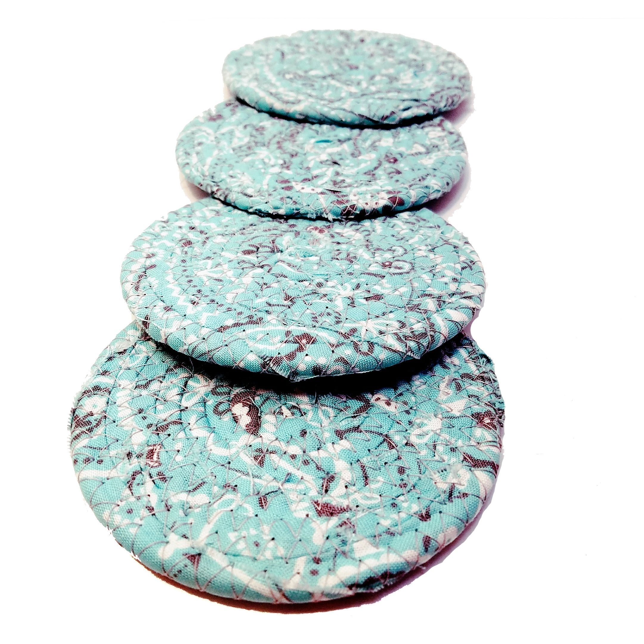 Bandana Print Fabric Coasters, Handmade, Set of 4, Turquoise Light Teal Blue/Green, Coiled Rope, Bohemian Style Drink Coasters