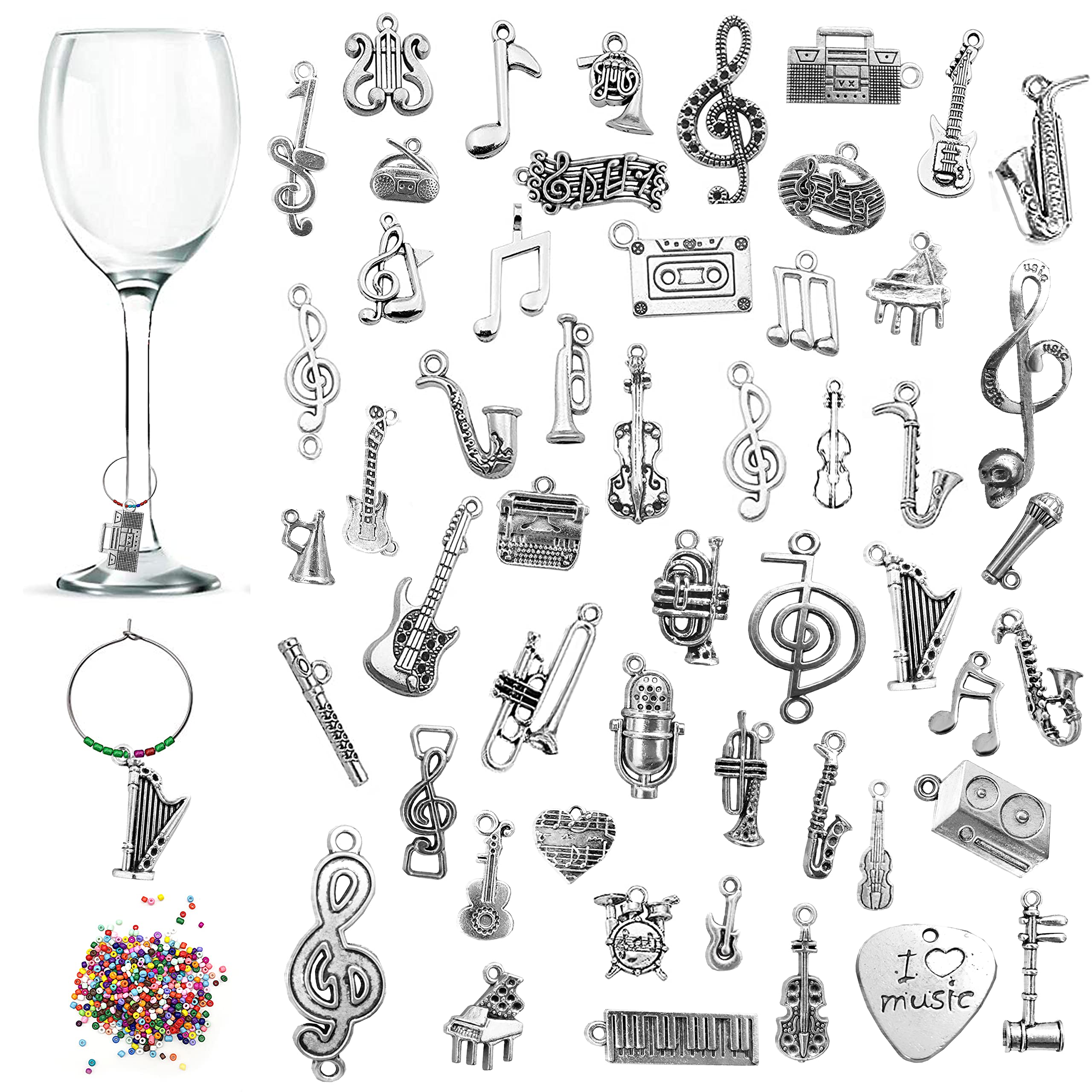 CNYMANY 52 pcs Wine Glass Charms, Musical Instrument Themed Goblet Drink Markers Tags with Buckle Design and Colorful Beads for Wine Cocktail Champagne Tasting Party Favors Decoration Supplies Gifts