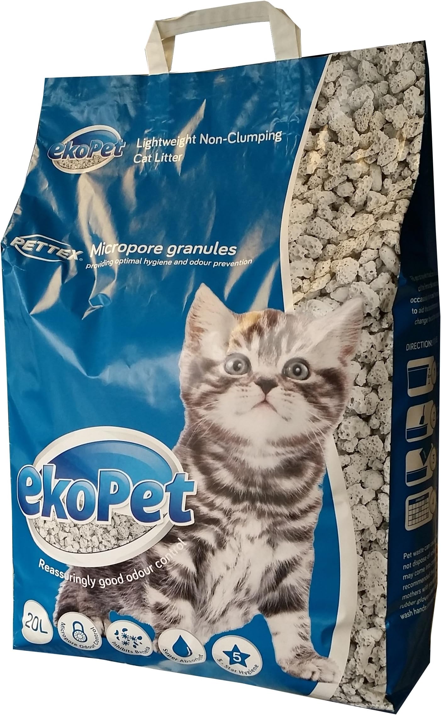 EkoPet Pettex Lightweight Micropore Cat Litter Large Size 20 L Bag - Lightweight and Non-Clumping - Super Absorbent - White