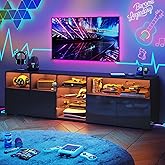 Hlivelood LED TV Stand for 85 Inch TV, Modern TV Stand with Power Outlet, High Glossy Modern TV Console Entertainment Center with Storage and LED Lights for Living Room, Bedroom, Black