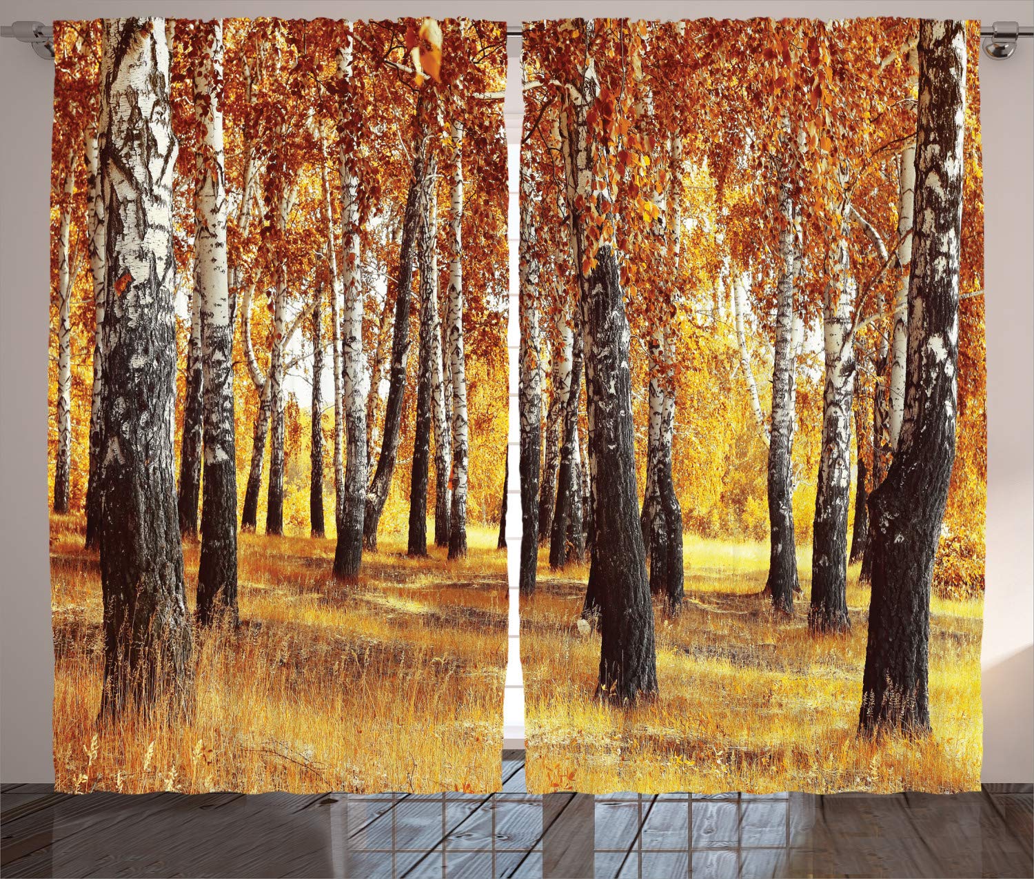 ABAKUHAUS Woodland Curtains, Jungle in Fall with Yellow Birches and Dry Herb Autumn Leaves Warm Weather Photo, Living Room Bedroom Window Drapes 2 Panel Set, 280 x 225 cm, Orange Brown — image 1
