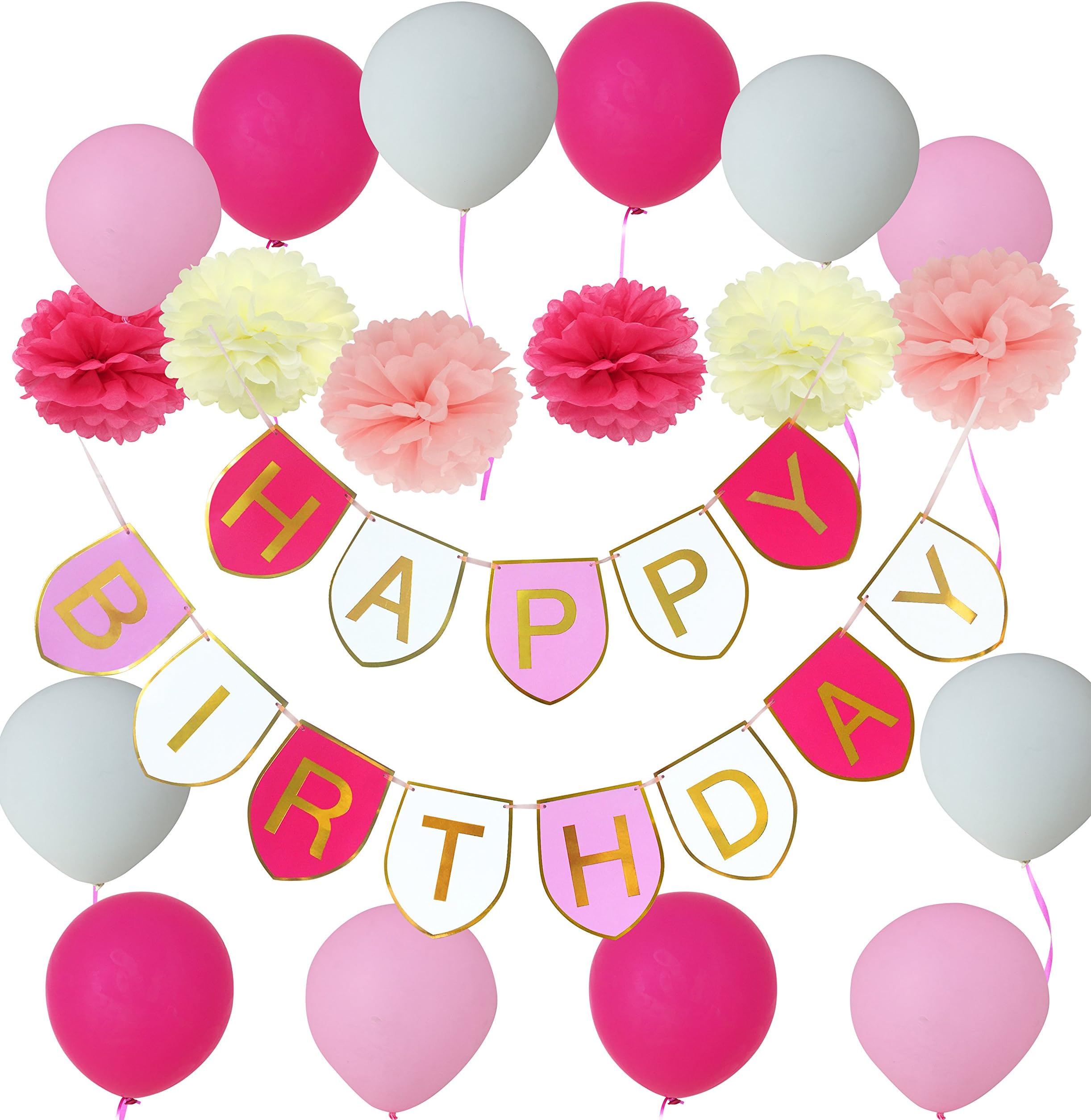 Happy Birthday Decorations Banner Balloons for Girl Party Gold Pink N Hot Pink with Tissue Paper Pom Poms Flower (Color 4)