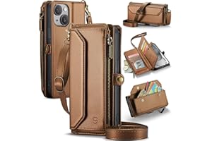 Strapurs Crossbody Wallet Case Compatible with iPhone 15 RFID Blocking 7-Card Holder Soft PU Leather Magnetic Snap Shoulder Strap Zipper Pocket Phone Case Fit for iPhone 15 for Women 6.1" - Brown
