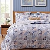 BLOOMHAVEN Quilt Set Queen Size, Patchwork Blue Pink Marigold Floral Quilt Sets, Reversible Bedspread Lightweight and Breathable for All Seasons, Soft Quilted Bedspread with 2 Pillow Shams