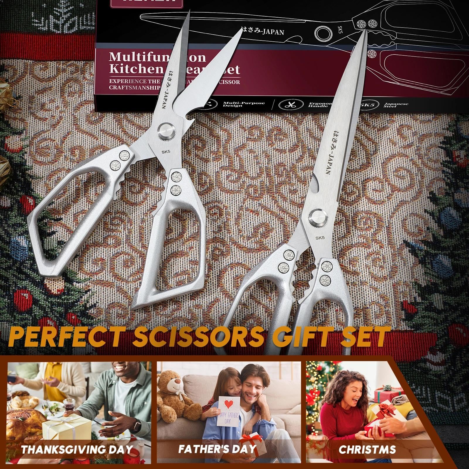 Dream Reach Küchenschere Set Silber - Edelstahl Geflügelschere, Scharf Haushaltsschere und Verlängert Küchen Schere für Fleisch, Hühnerknochen und Pute Geschenke für Mama 7