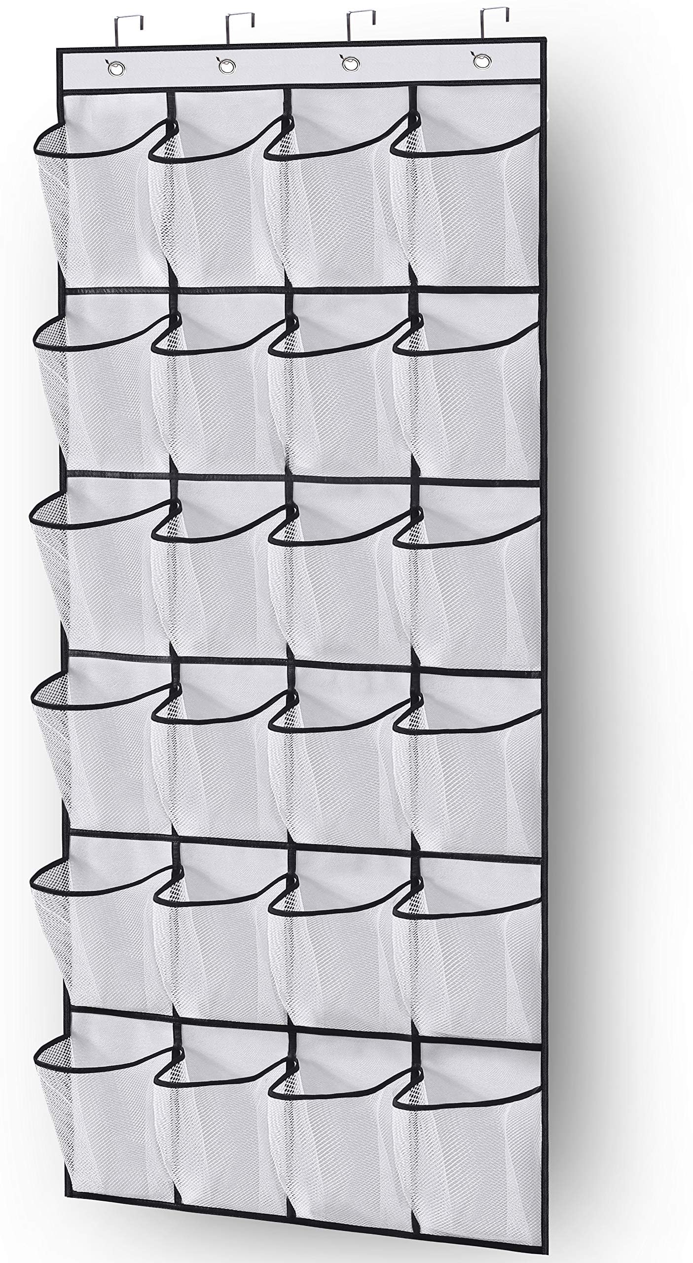 MISSLO Over the Door Shoe Storage Organiser Hanging Shoe Rack Holder 24 Large Mesh Pockets for Wardrobe Door Tidy with Hanger(White)