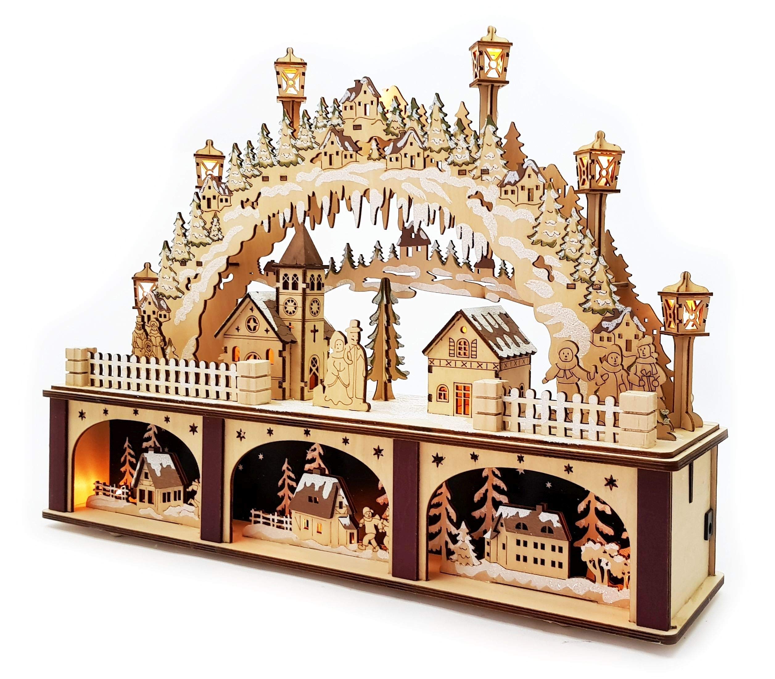 Wichtelstube-Kollektion XL 3D LED Schwibbogen mit Podest Weihnachtsdorf Lichterbogen Schwippbogen Echtholz Weihnachtdeko Holzkunst Fenster 45cm Breite 2