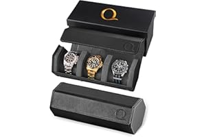 QWATCHBANDS Napa Leather Watch Rolls for Men - Hexagon Triple Watch Roll Travel Case for 3 Watches - Storage Organizer Genuine Leather with Velvet Interior Display (Black/Charcoal)