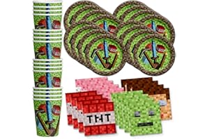 BIRTHDAY GALORE Pixel Mining World Gaming Birthday Party Supplies - Video Game Birthday Supplies for Boys | Tableware Set Includes Plates, Napkins, and Cups | Kit for 16