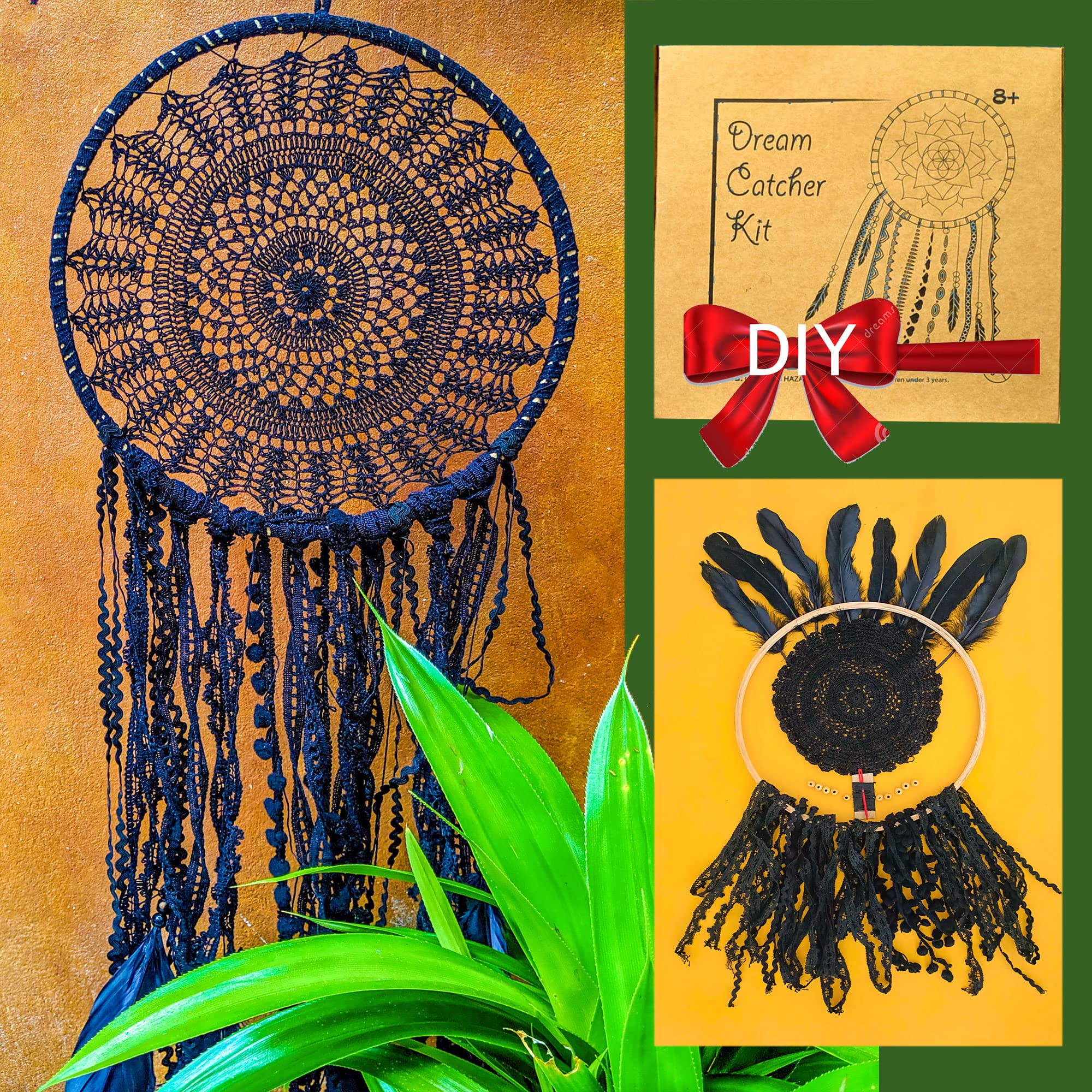 DIY Black Dream Catcher Kit 30x80 cm - Make Your Own Bohemian Wall Hanging with All-Natural Materials - Creative Activity Set Includes Premium Lace, Yarn, Feathers, Beads, and Wooden Hoop