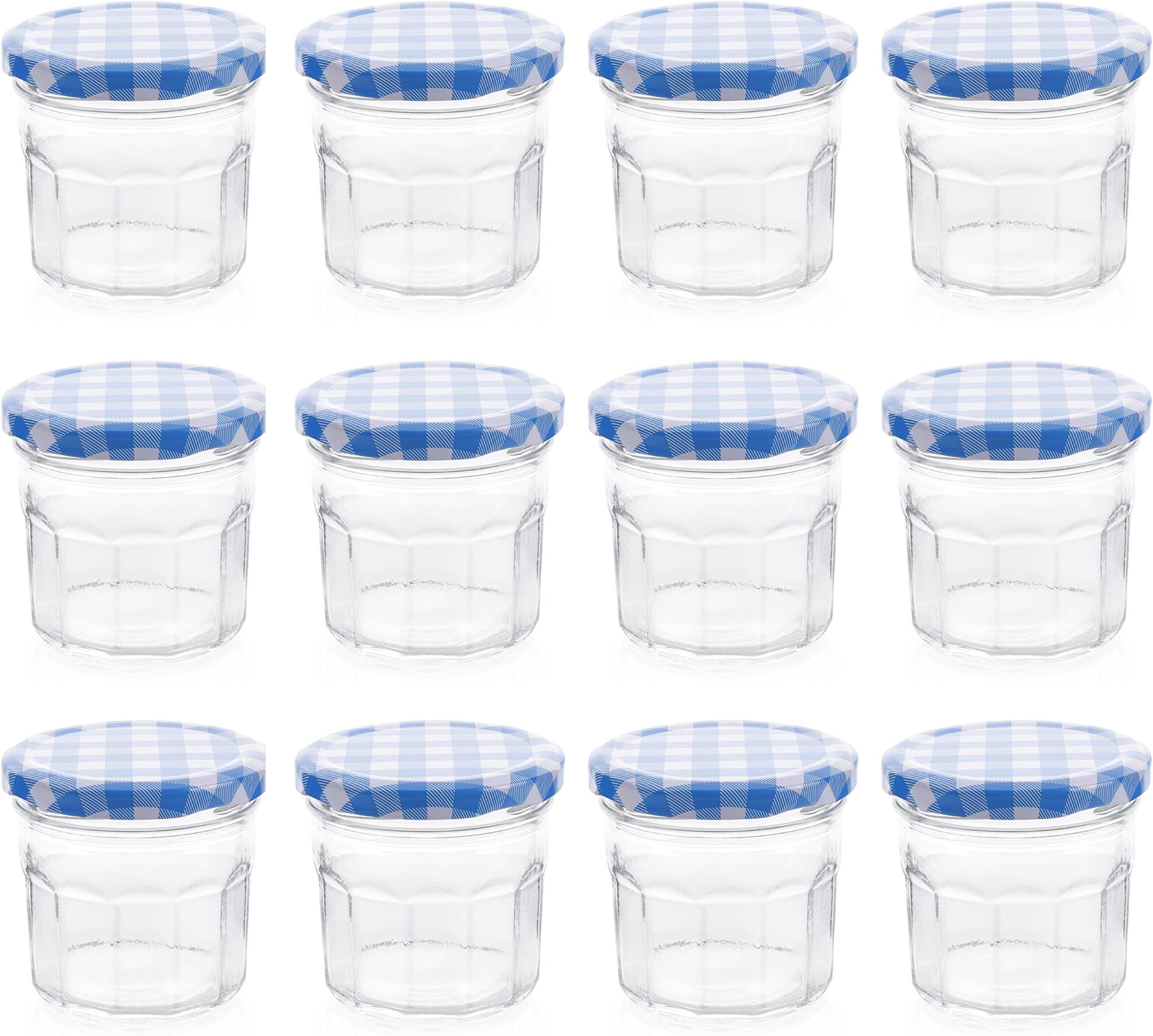 Klean Shop Jam Jars With Lids – Blue Lid Jam Jar Set – Fruit Mason Jar – Glass Jam Canning Jars – DIY 4oz (120ml), 12 Pack Jars- Perfect for Jam Storing, Pickles and Many Other