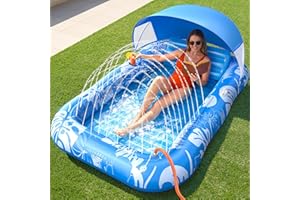 Inflatable Tanning Pool Lounger Float with Sprinkler & Canopy, 77" x 48" Pool Floats Adult with Pillow, 6 in 1 Suntan Tub Raf
