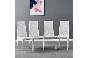 JT Modern Minimalist Dining Chair Fireproof Leather Sprayed Metal Pipe Diamond Grid Pattern Restaurant Home Conference Chair Set of 4 Or 6 (4, White)