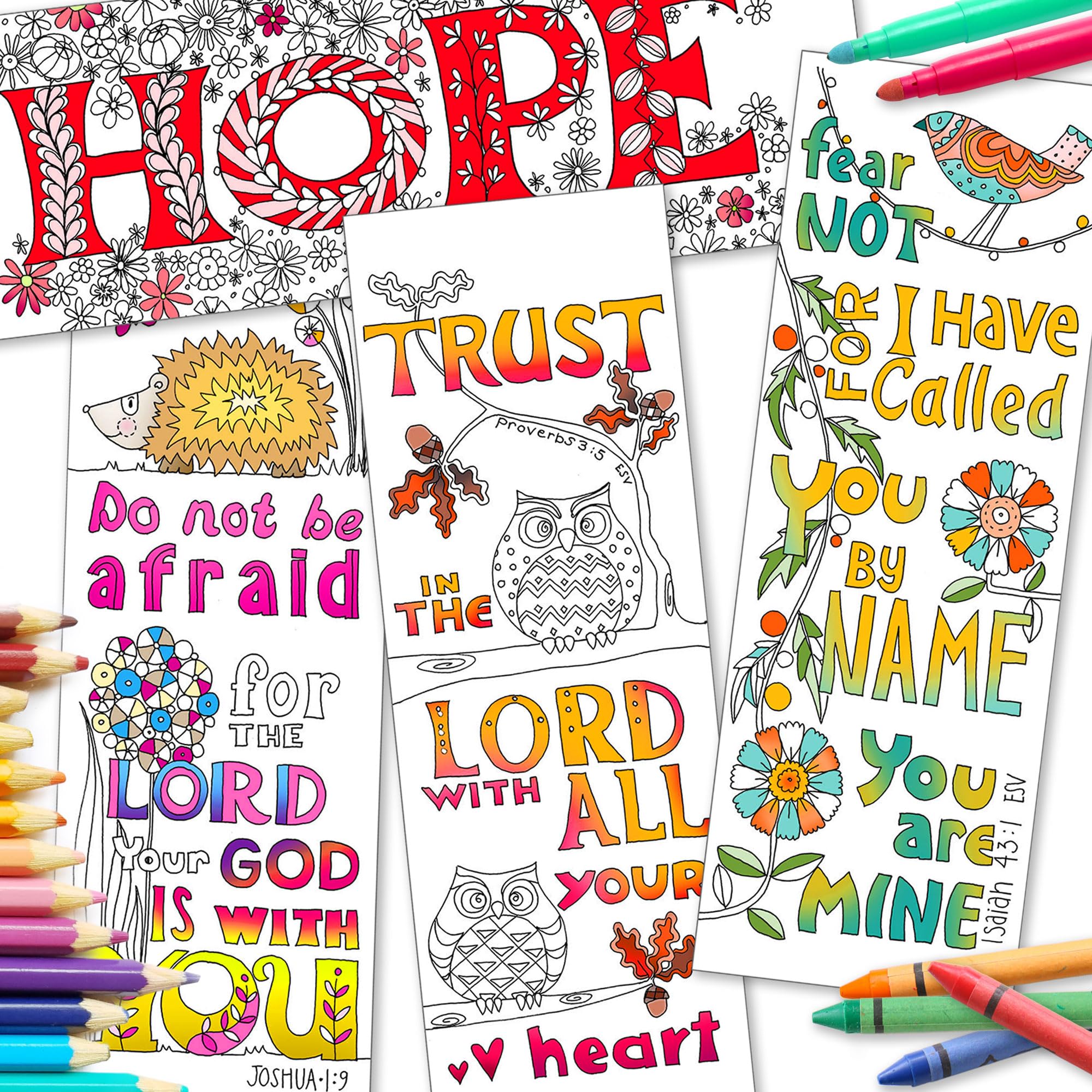 Christian Colouring Bookmarks, Images of Grace, Pack of 10 Different Designs, with Coloured Bible Verse on Reverse. Makes a Great Christian Gift for Adults or Children, by Just Cards Direct.