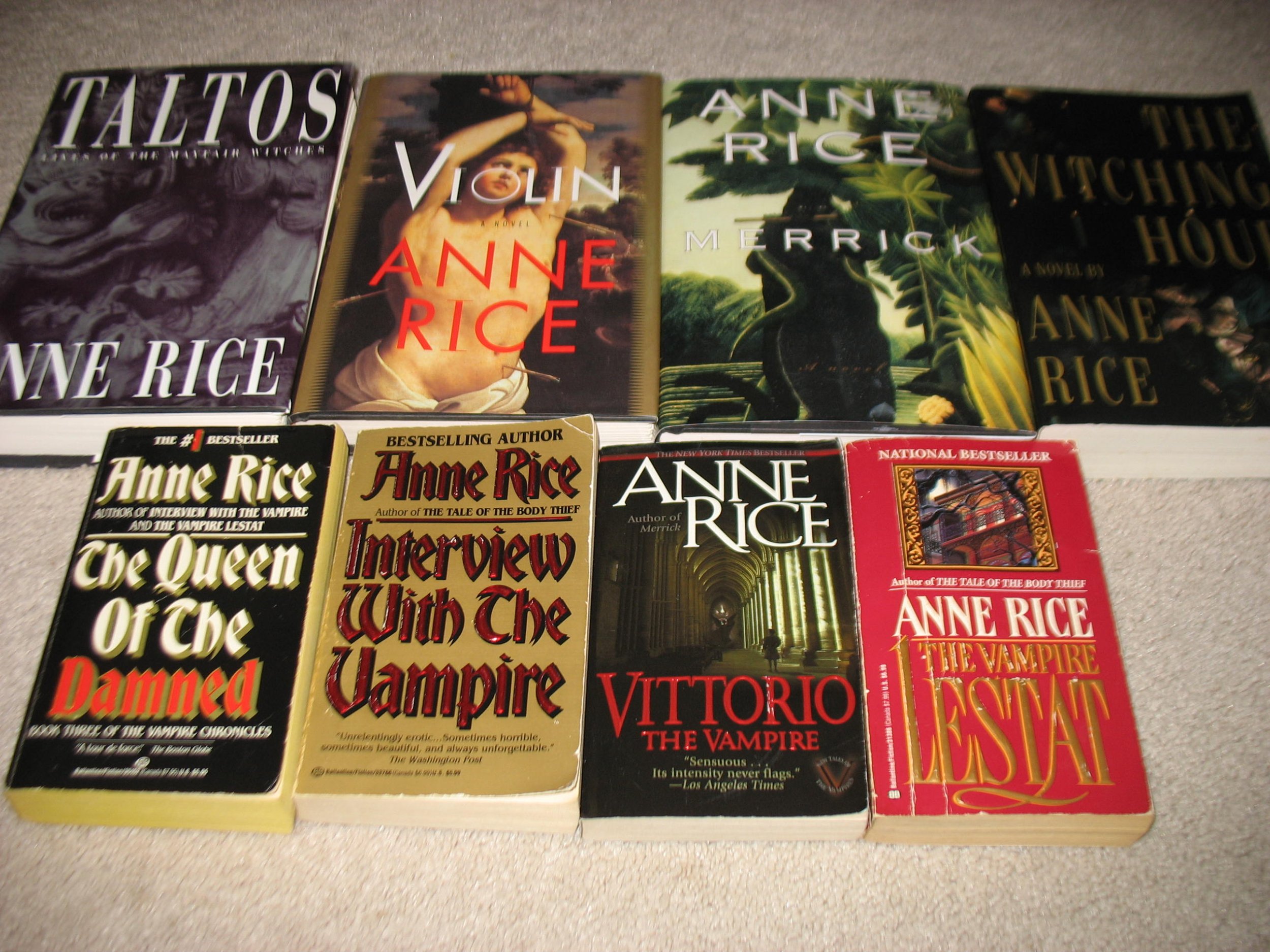 Set Of 8 Vampire Chronicles By Anne Rice Interview With The Vampire The Witching Hour The Queen Of The Damned Merrick The Vampire Lestat Vittorio The Vampire Taltos Lives Of The Mayfair Witches Violin Amazon Com Books