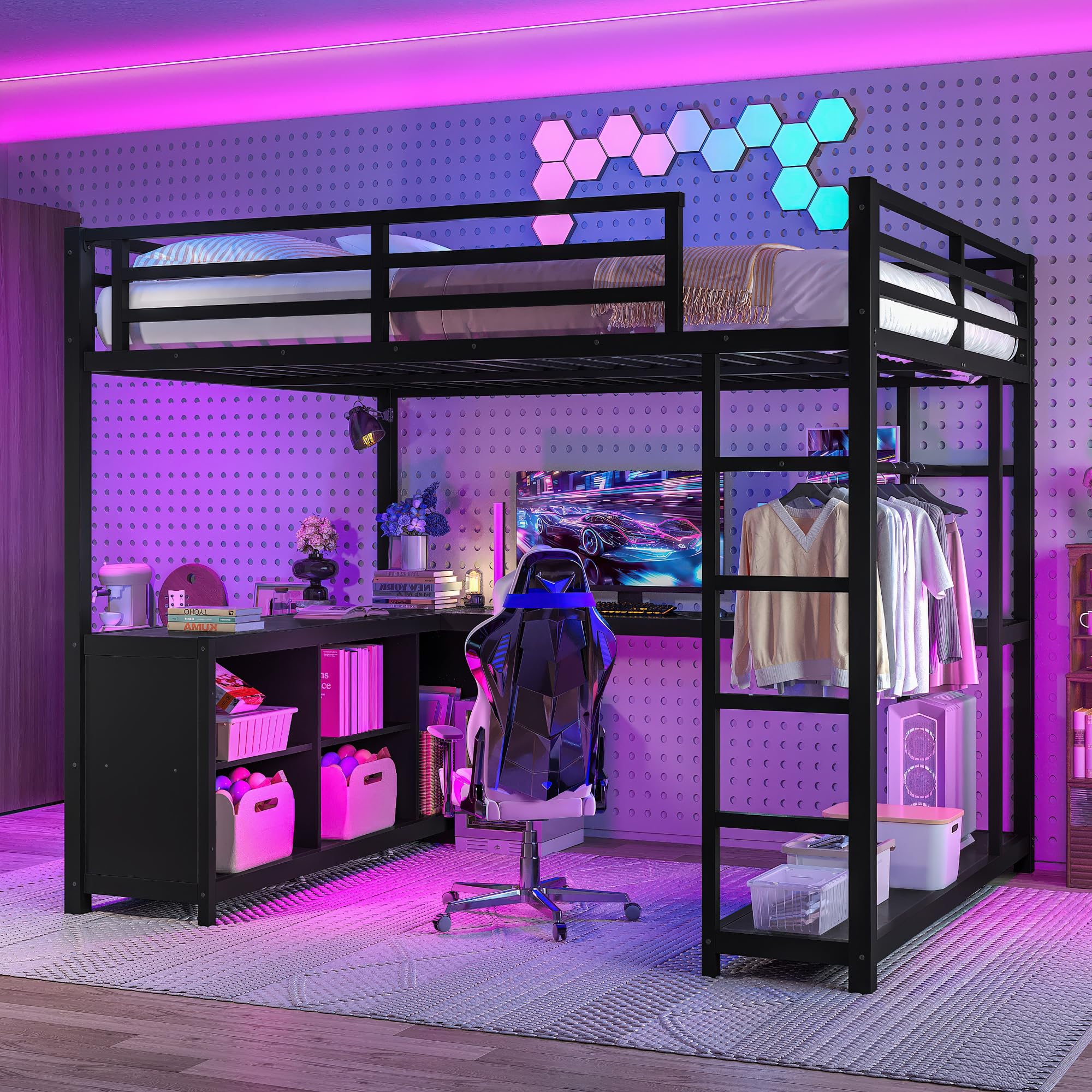 Photo 1 of ****** PARTIAL SET BOX1  ONLY********Bellemave Queen Size loft Bed with L Desk, Wardrobe, Metal Queen Loft Bed Frame for Adults, Kids, Teens, Black