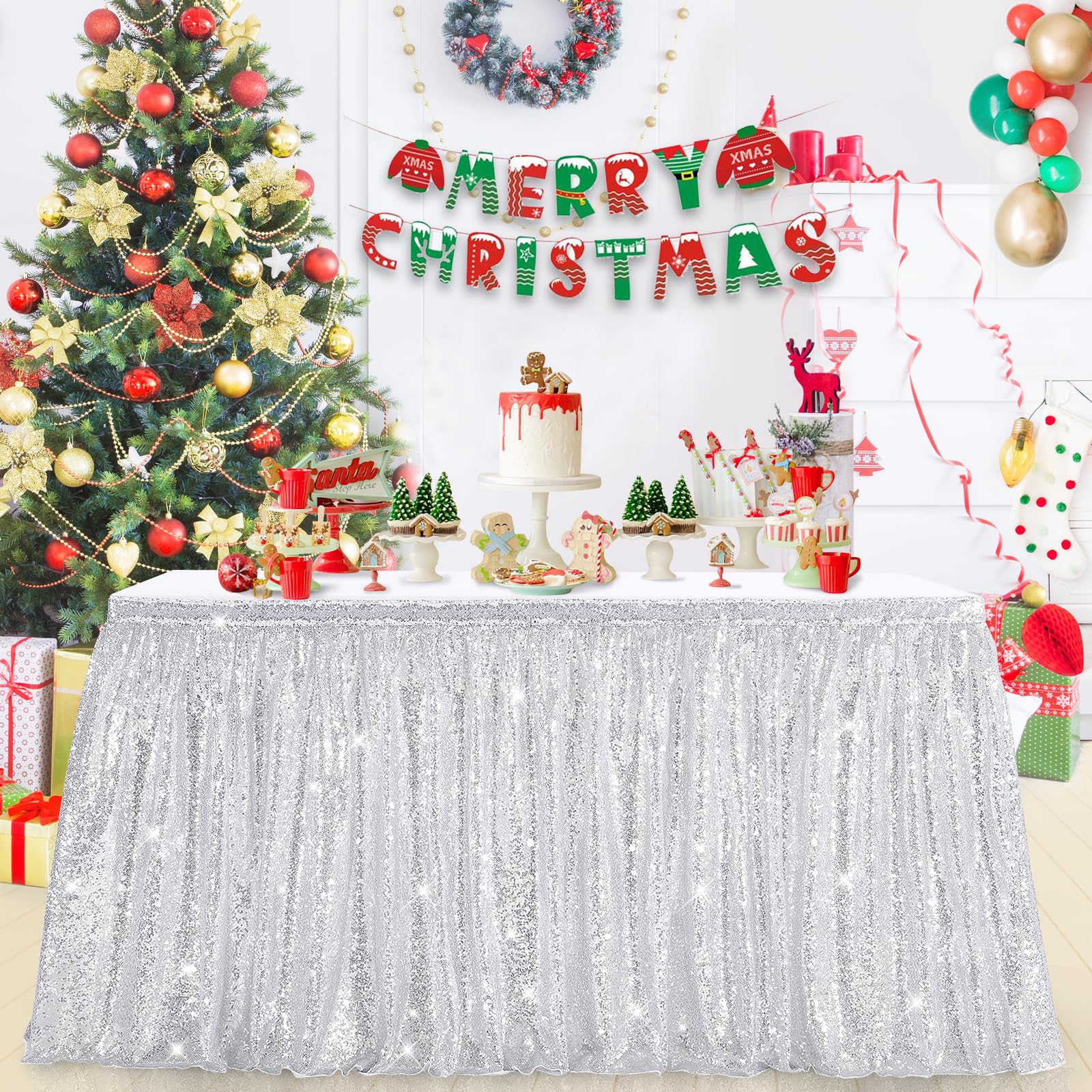 Glitter 14ft Silver Table Skirt for Rectangle Table