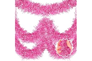 LANTIANCHEN 50 Feet Pink Christmas Tinsel Garland, Metallic Foil Twist Banner Wall Hanging Tinsel Streamers Backdrop for Parade Floats, Christmas, Mother's Day, Birthday Party Decorations(2in x 50ft)